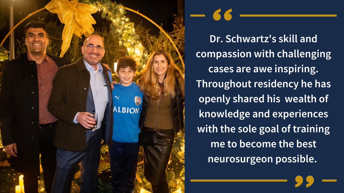 Continuing our #NationalMentoringMonth celebration, we’re shining the spotlight on mentoring pair Dr. Usman Khan (<a href="/UsmanKhanMDPhD/">Usman Khan, MD, PhD</a>, PGY-7) and Dr. Marc Schwartz (<a href="/MarcSchwartzMD/">Marc S. Schwartz, MD</a>)! They are both pictured with Dr. Schwartz’s family at our annual holiday party. #Neurosurgery #Mentor
