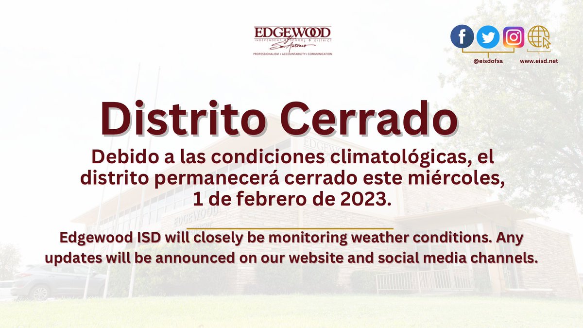 EISDofSA's tweet image. As the possibility of ice/freezing rain continues, Edgewood ISD will remain closed on Wednesday, February 1. 

All extra curricular activities are also cancelled. 

We will continue to monitor weather conditions and provide updates as needed.