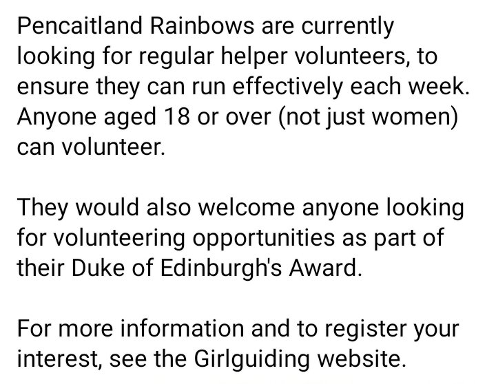 Pencaitland Rainbows are looking for volunteers.

For more information and to register your interest, see the Girlguiding website.
girlguiding.org.uk/get-involved/b…