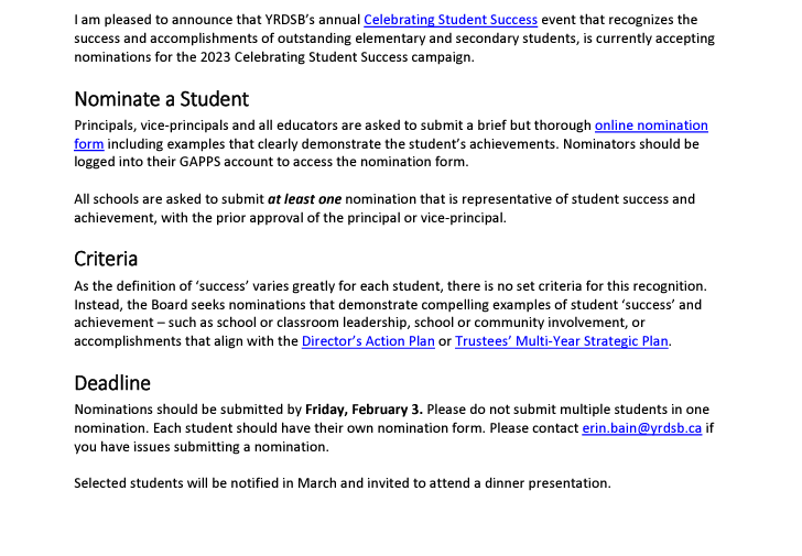 Nominate a Student. 
Principals, vice-principals and all educators are asked to submit an online nomination form to celebrate students’ achievements. 
<a href="/YRDSB/">York Region DSB</a> <a href="/yrdsbinclusion/">ISCS YRDSB 🏳️‍🌈</a> #BlackStudentExcellence