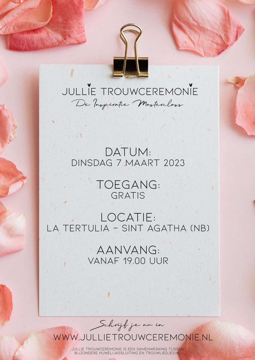 Even iets heel anders!

Heb je trouwplannen en behoefte aan inspiratie voor je trouwceremonie?
Meld je dan aan voor de masterclass van jullie trouwceremonie dinsdagavond 7 maart <a href="/LaTertulia4/">La Tertulia</a> in St Agatha