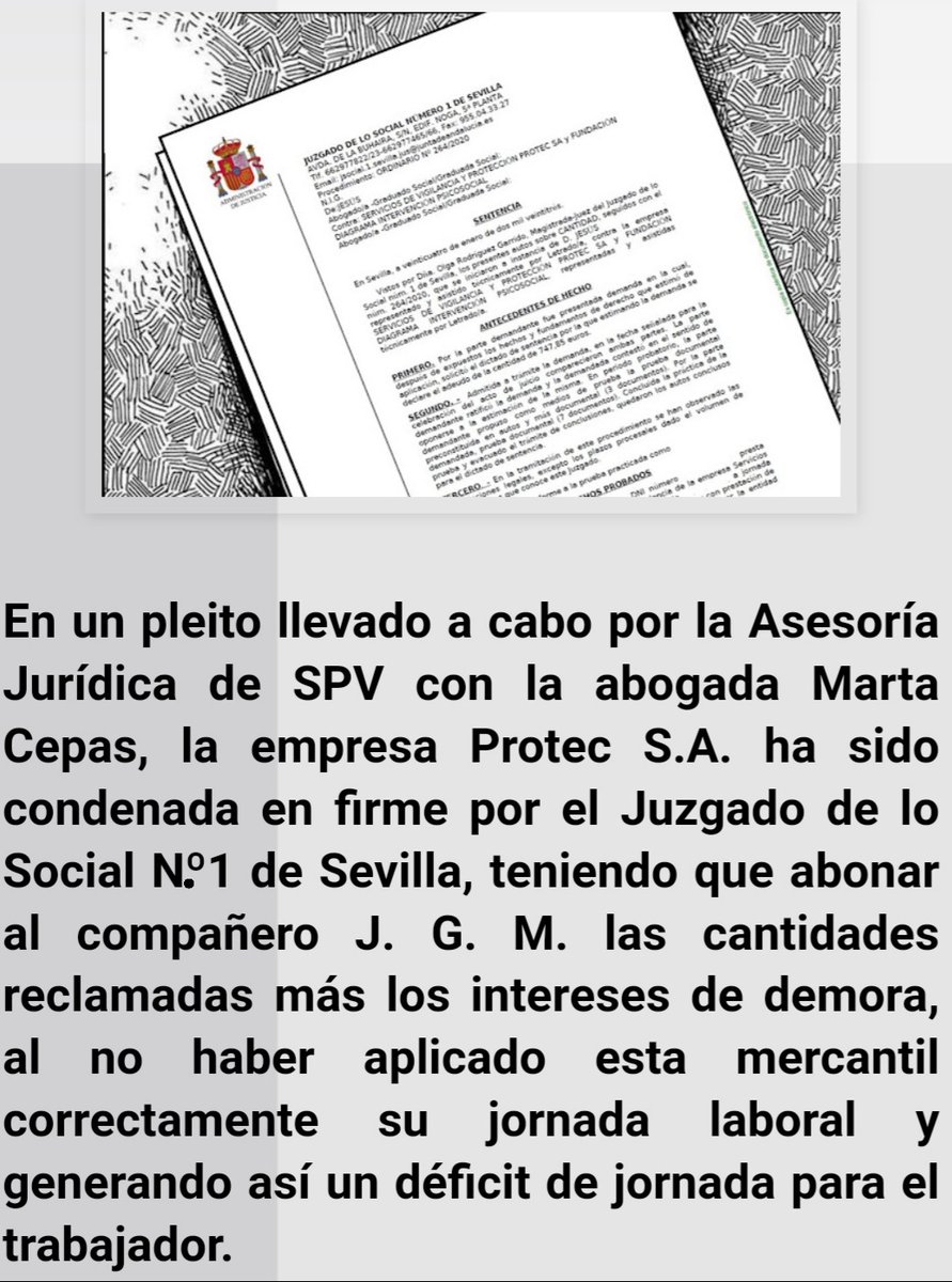 SPVSevilla's tweet image. La empresa #PROTEC, S. A. (que opera bajo la marca comercial #UnitedSafeCare) condenada por no aplicar correctamente a un trabajador su jornada laboral:
 
spvsevilla.blogspot.com/2023/01/sevill…

#Vigilantes #Seguridad #VigilantesDeSeguridad #SeguridadPrivada #VigilanteDeSeguridad #Denuncia #SPV