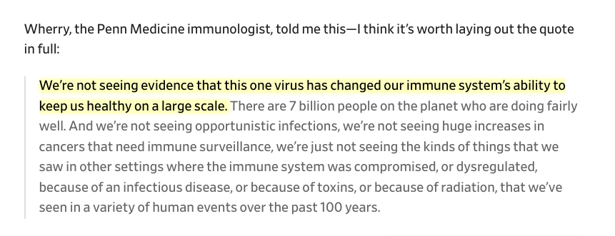 So @timrequarth has a great, nuanced overview, with explanations from multiple top immunologists. @profshanecrotty : 'I haven’t seen anything in our data or other studies that makes me worried about long-term impacts on immunity to other infections.' twitter.com/timrequarth/st…