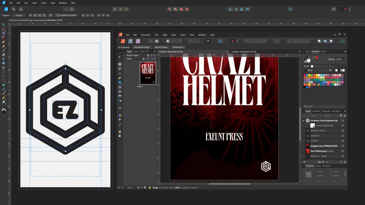 exeuntpress's tweet image. Thanks to some help and tips from @hinokodo, I discovered the Shape Builder Tool (new in Affinity Designer V2). Was able to make a basic vector logo with some customized letters! Not bad? #affinitydesigner #AffinityV2