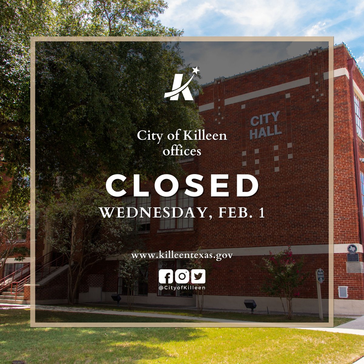CityofKilleen's tweet photo. #WeatherClosure #WeatherAlert

All City of Killeen facilities will close for a second day tomorrow, Wednesday, Feb. 1 due to the National Weather Service extending its Winter Storm Warning in our area. https://t.co/YSG15yz7cL