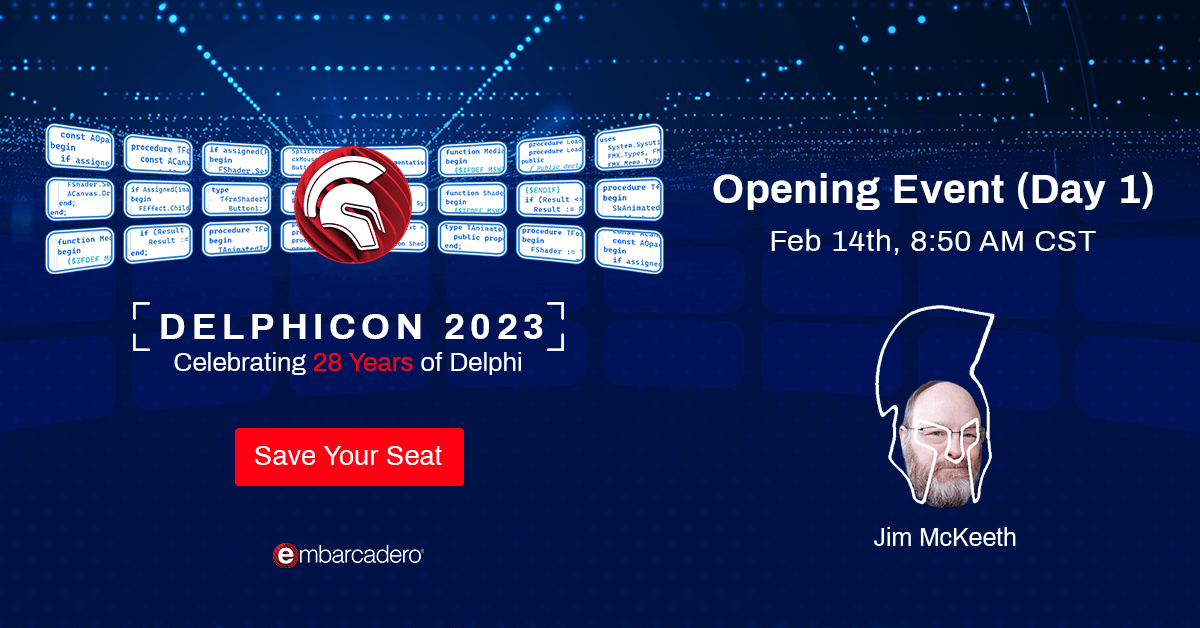 Embarcadero Tech (@embarcaderotech) on Twitter photo Join <a href="/JimMcKeeth/">Jim McKeeth</a> as he kicks off #DelphiCon2023 on Feb 14th at 8:50 AM. Save your seat today! embt.co/DelphiCon-2023
#Delphi28th #Delphi #developers Join <a href="/JimMcKeeth/">Jim McKeeth</a> as he kicks off #DelphiCon2023 on Feb 14th at 8:50 AM. Save your seat today! embt.co/DelphiCon-2023
#Delphi28th #Delphi #developers