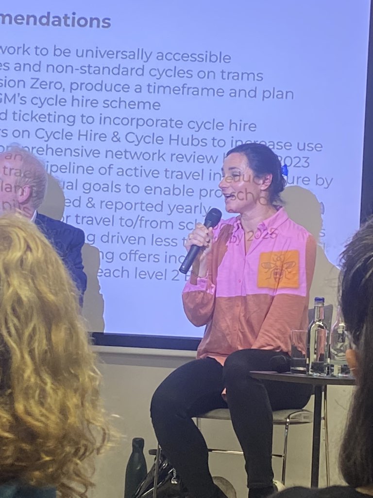 elovuk's tweet photo. A fantastic evening tonight and feeling inspired - @DameSarahStorey @AndyBurnhamGM and Vernon Everitt as the panel for the #beenetwork event hosted by @WalkRideGM #WalkRide23 - @HarryHamishGray on the big screen on an @elovuk cargo bike ππ»ππ»ππ» @Bruntwood_UK https://t.co/T54UYJPEAI