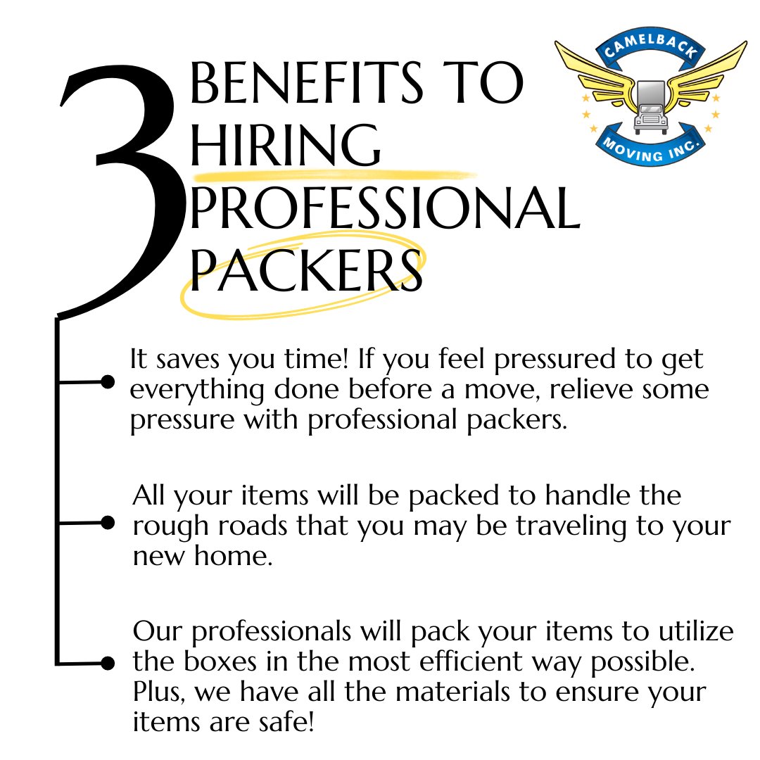 CamelbackMoving's tweet image. Professional packing services can make a move easier. And who doesn&apos;t want an easier move? There are tons of benefits to hiring professional packers, and these are the top 3 people think about! #CamelbackMoving #ProfessionalPacking