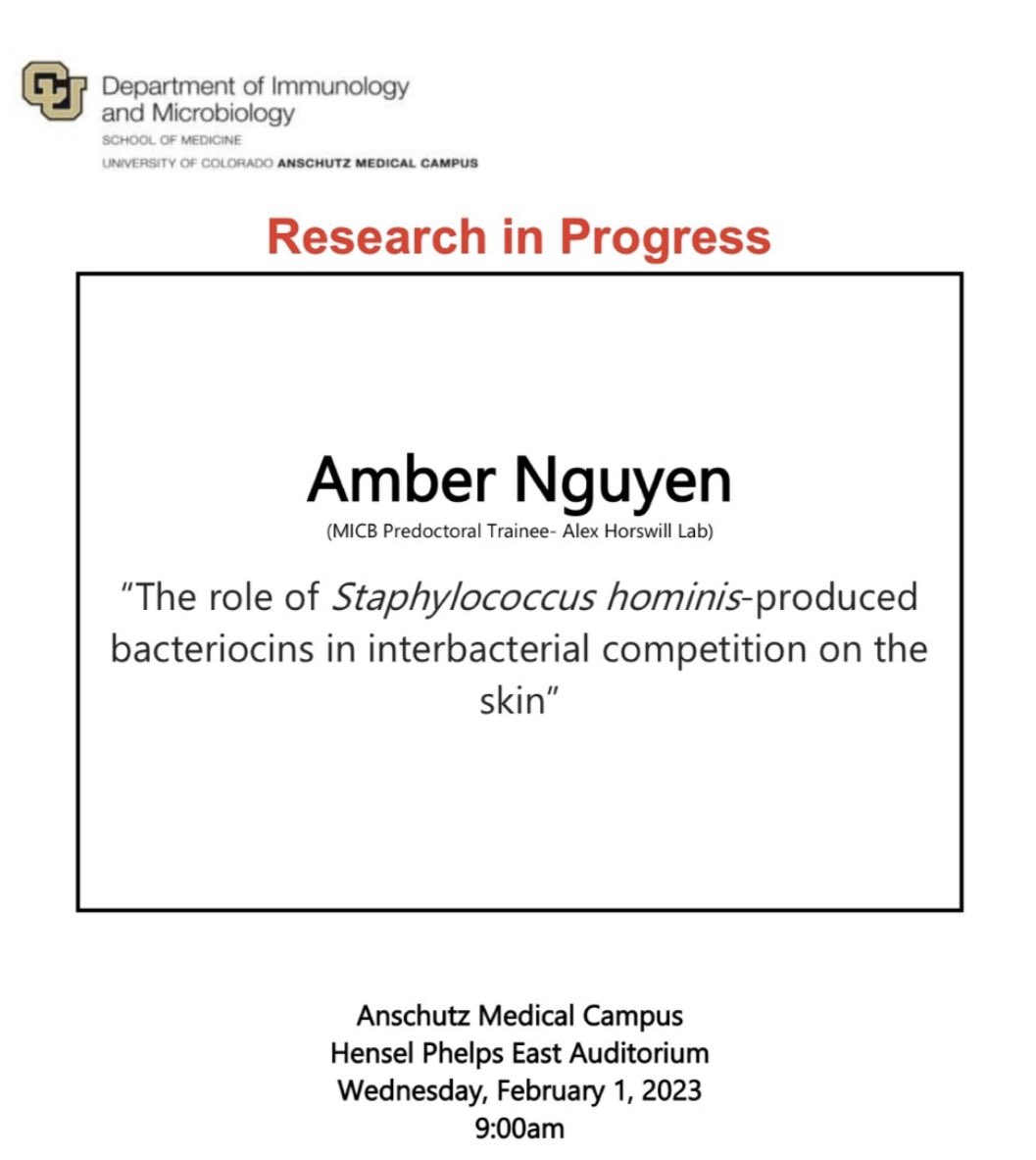 University of Colorado Immunology (@cuanschutz_immu) on Twitter photo Come to our weekly RIP by Amber Nguyen talking about competition between bacteria on our skin from the <a href="/Horswill_Lab/">Horswill Lab</a> Come to our weekly RIP by Amber Nguyen talking about competition between bacteria on our skin from the <a href="/Horswill_Lab/">Horswill Lab</a>