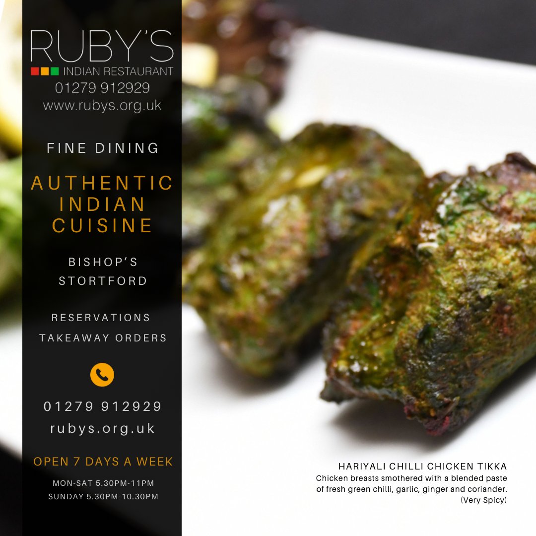 If you love HOT you’ll love our Hariyali CHILLI Chicken Tikka 🌶😎 Chicken breast smothered with a blended paste of fresh green chilli, garlic, ginger and coriander. 

Very Spicy… Are you brave enough 😆

#rubysindianrestaurant #indiancuisine #bishopsstortford #spicy #currynight