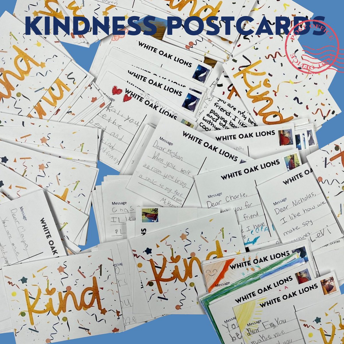 WhiteOakLions's tweet photo. Our Kindness Postcards are ready to be sent out.Each student wrote a postcard to a friend. The postcards are a simple yet impactful way to spread positivity and kindness by sending encouraging messages to others. #LVUSD #WOLions #whiteoaklions #whiteoakelementary #kindnessforkate https://t.co/dhtcYEjhGd