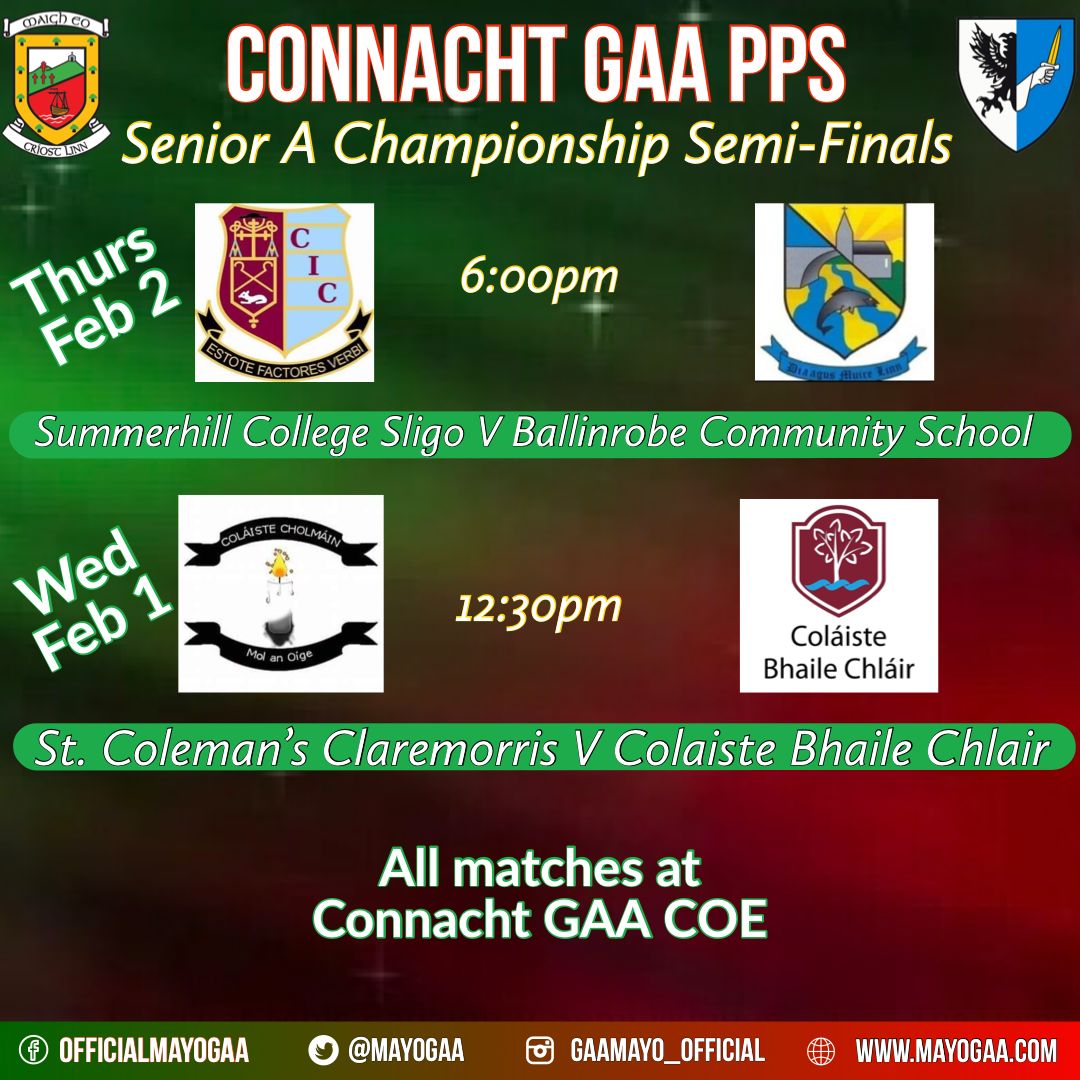 Best of luck to Ballinrobe Community School and St. Colman's College players and management who face summerhill College and Colaiste Bhaile Chlairand in the Connacht GAA Post Primary School's Senior A Semi finals tomorrow in the Connacht GAA center of excellence. #mayogaa