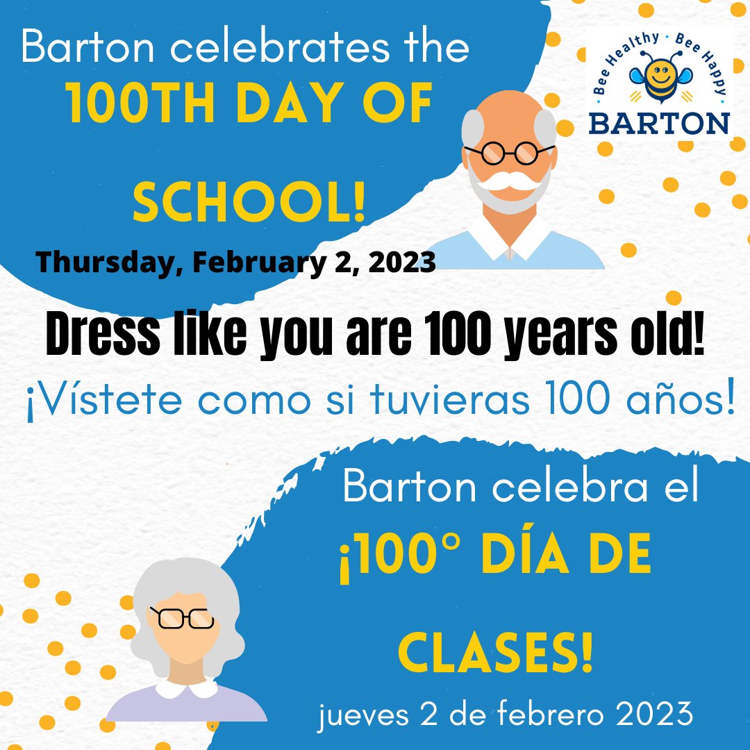 TWO More days for 100 DAYS of school!
Let's celebrate by dressing as if we were 100 years old :)

¡DOS días más por 100 DÍAS de escuela!
Celebremos vistiéndonos como si tuviéramos 100 años :)