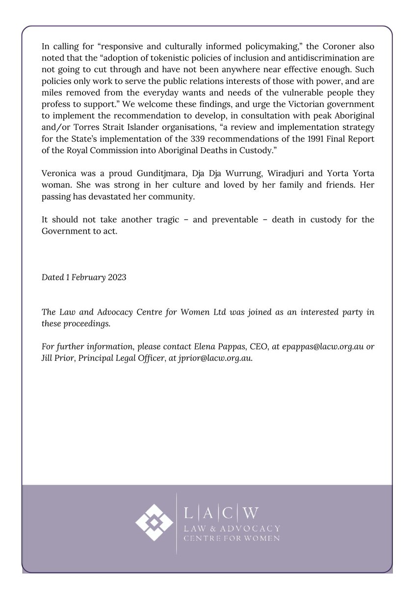 The Inquest into the Passing of Veronica Nelson has highlighted the urgent need for bail reform, and the failure of governments to implement the recommendations of RCIADIC, which could have prevented this tragic death. See LACW's statement attached.  #JusticeForVeronicaNelson