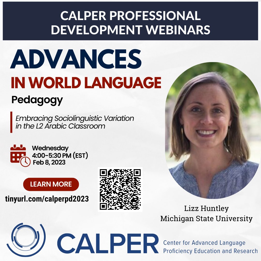 In one week. Free CALPER webinar.
👇
February 8 - 4:00PM - 5:30PM (EST)
"Embracing sociolinguistic variation in the L2 Arabic classroom"
Lizz Huntley (Michigan State)
Register at tinyurl.com/bdfma5t5