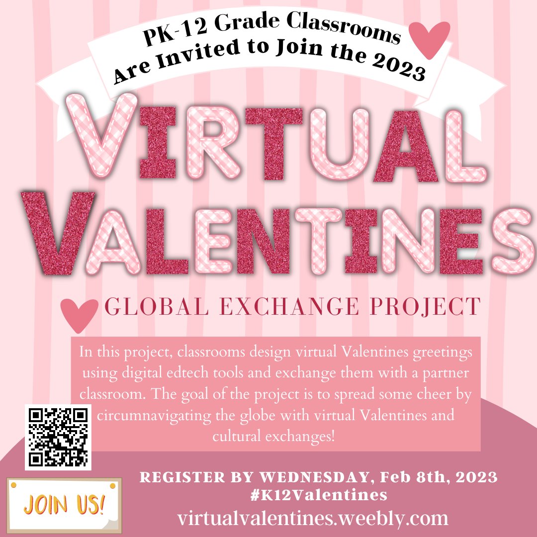 Excited to see what students create! There is still time for you to join in on the fun. Learn more and register today at: 
virtualvalentines.weebly.com 
#k12Valentines