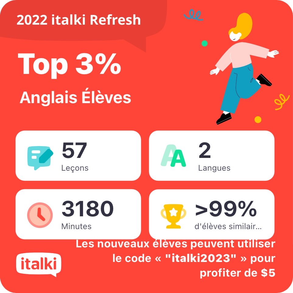 EXCELLIUMPACA's tweet photo. @italki #italkiRefresh J'ai fait des progrès en Anglais sur italki en 2022. Utilisez « italki2023 » pour profiter de 5 $ sur votre premier achat :  https://t.co/E3hbJrqfJO https://t.co/HKe4wU2hnD