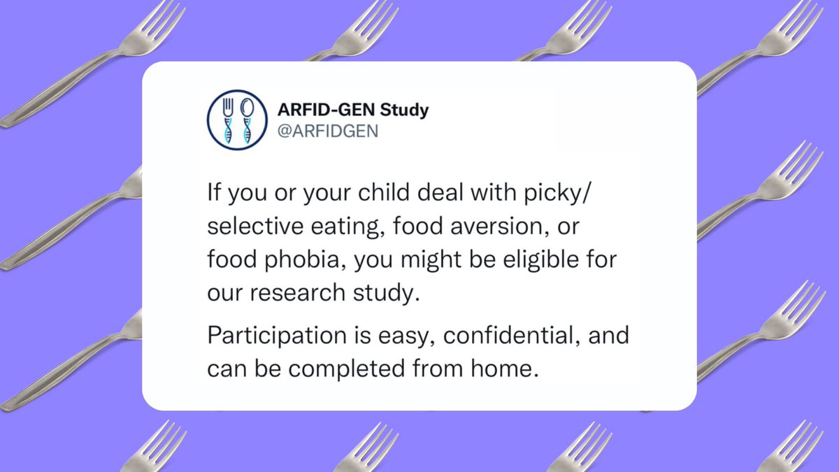 ARFIDGEN's tweet photo. If you or your child deal with #pickyeating, #selectiveeating, #foodaversion, or #foodphobia, you might be eligible for our research study. Participation is easy, confidential, and can be completed from home.
https://t.co/xy3IMH2led https://t.co/WbxvPk75jQ