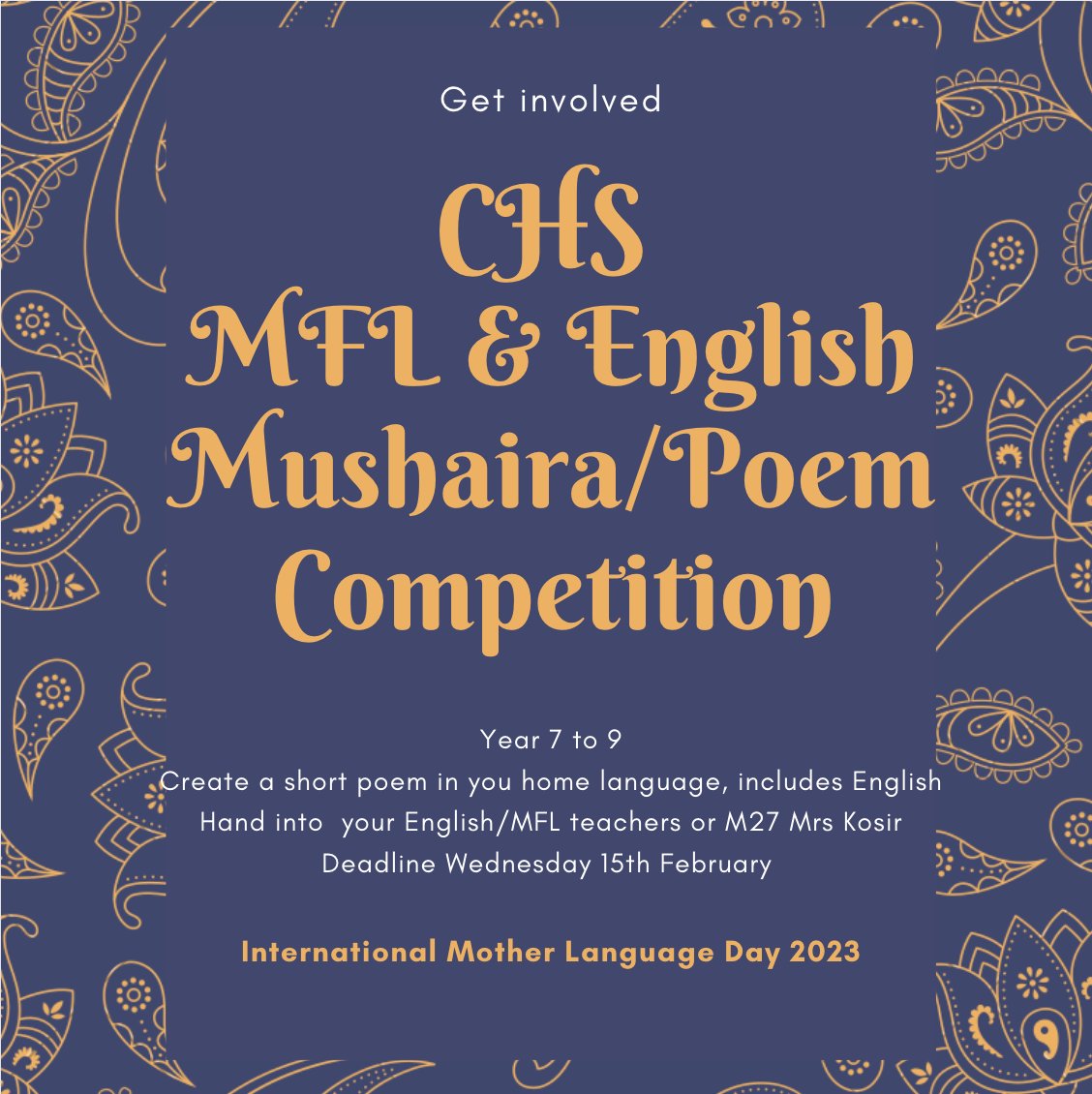 To celebrate International Mother Languages day 2023 students can enter a Mushaira competition <a href="/CockshutHillSch/">Cockshut Hill School</a>, a joint competition with <a href="/CockshutEnglish/">Cockshut English</a> &amp; <a href="/languagesCHS/">MFL at Cockshut Hill</a> #ScalingNewHeights #NothingButTheBest #lovealllanguages #UrduPoetry