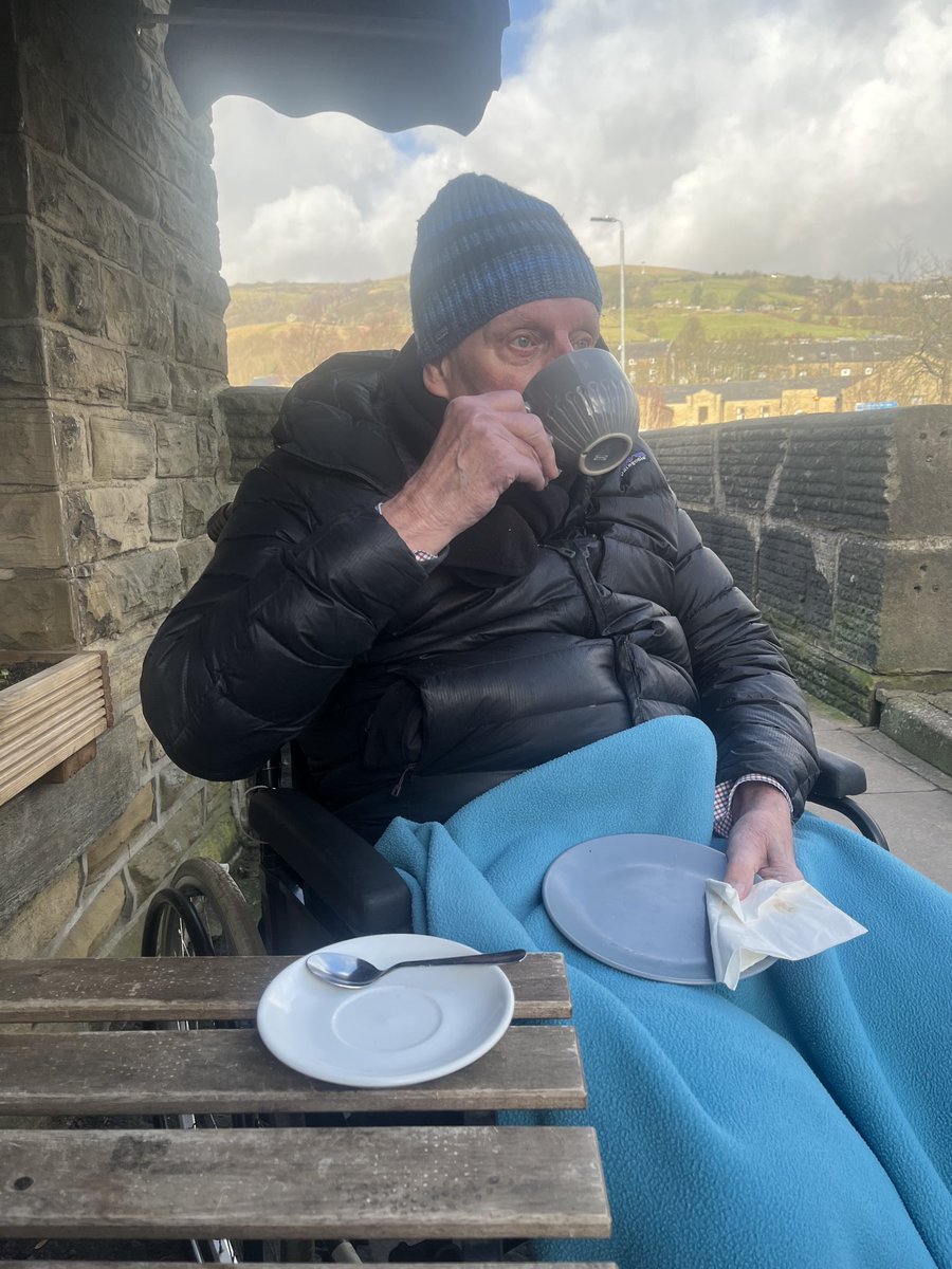 Dad out and about in the #UpperCalderValley earlier today. His ‘mission’ today was to have half a bacon and mushroom roll and his usual vanilla latte at a local cafe. Mission accomplished…