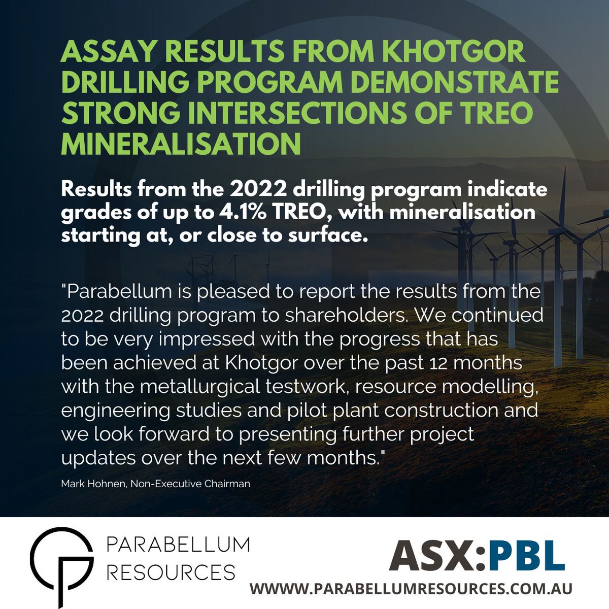 ParabellumRes's tweet photo. Assay results reported from the recent drilling program at #Khotgor #REE Project demonstrate the large scale and attractive grade
More: https://t.co/Al4HlkLJ7i
$PBL #rareearths #asxnews #NdPr #mining #exploration #Windturbines #renewableenergy #criticalminerals https://t.co/lfh5L0RvUL