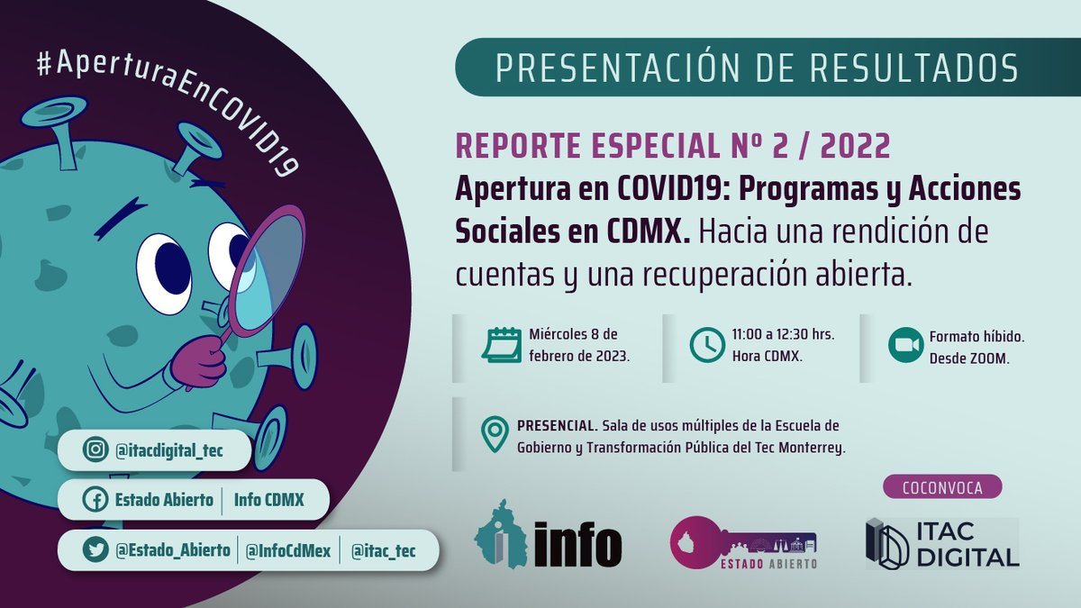 Estado_Abierto's tweet photo. 🔵¡¡APARTA LA FECHA ‼️ ¿Cuántos y cuáles fueron los programas transparentados en COVID19? 
🔍Estos datos y ➕ podrás consultar en la 🗂️ presentación del reporte: #AperturaEnCOVID19 Programas y Acciones Sociales en la CDMX. Coconvoca @itac_tec 
🎯Registro: https://t.co/LKgtjXyya9 https://t.co/a9MTobkQx6