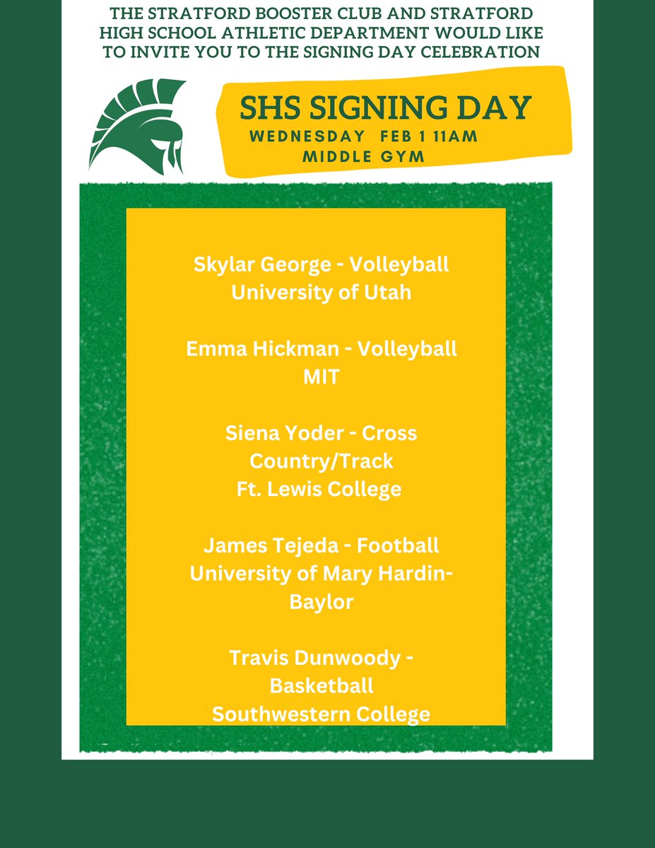 SHS_BoosterClub's tweet photo. Signing Day tomorrow for a few of our college commits! Join us in the middle gym at 11am. @77079Athletics @StratfordSBISD https://t.co/peJLNMywEZ