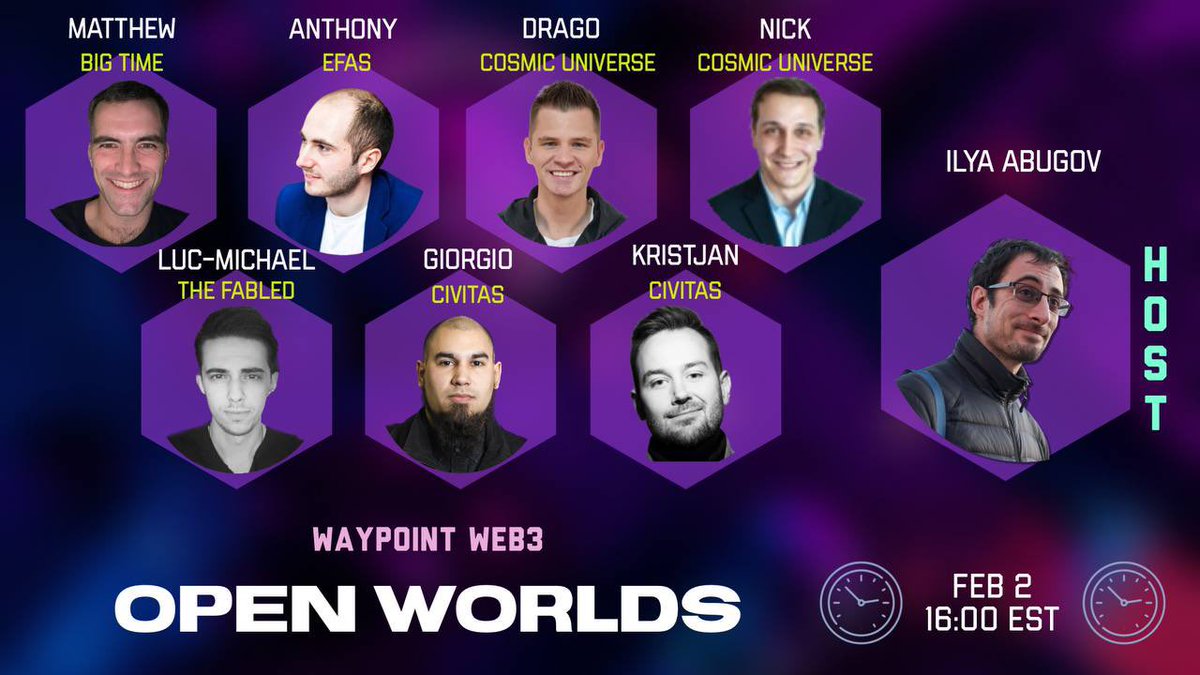 AbugovIlya's tweet image. This Thursday on #WaypointWeb3 we’ll be exploring #Web3 open worlds with:

@playbigtime 
@PlayEFAS 
@valsogard @thecosmicguild 
@DirtyCajunRice 
@TheLucMichael @TheFabled 
@gcrosali @playcivitas 
@KristjanEinar 

Don’t miss it: