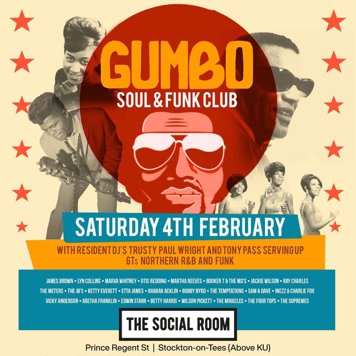 This Saturday📣 The Sound of Soul is back🙌 GUMBO with DJs Trusty, Paul Wright and Tony Pass spinning up the best 6Ts Northern R&B and Funk by the likes of James Brown, Lyn Collins, Marva Whitney, Otis Redding, Martha Reeves .. 🎫 bit.ly/40gbFOD
