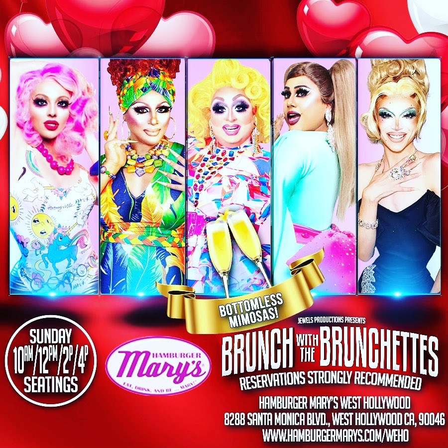 SUNDAY BOTTOMLESS MIMOSAS DRAG BRUNCH! 4 brunch seatings:
10am, 12pm, 2pm and 4pm!! Join our all star cast as they rock the stage. Featuring Ms Luna, Missy Vee, Sparkle Stone &amp; Oxxie Gin Bloom!  Hosted by the amazing Allusia!!
Make your online reservations NOW!!