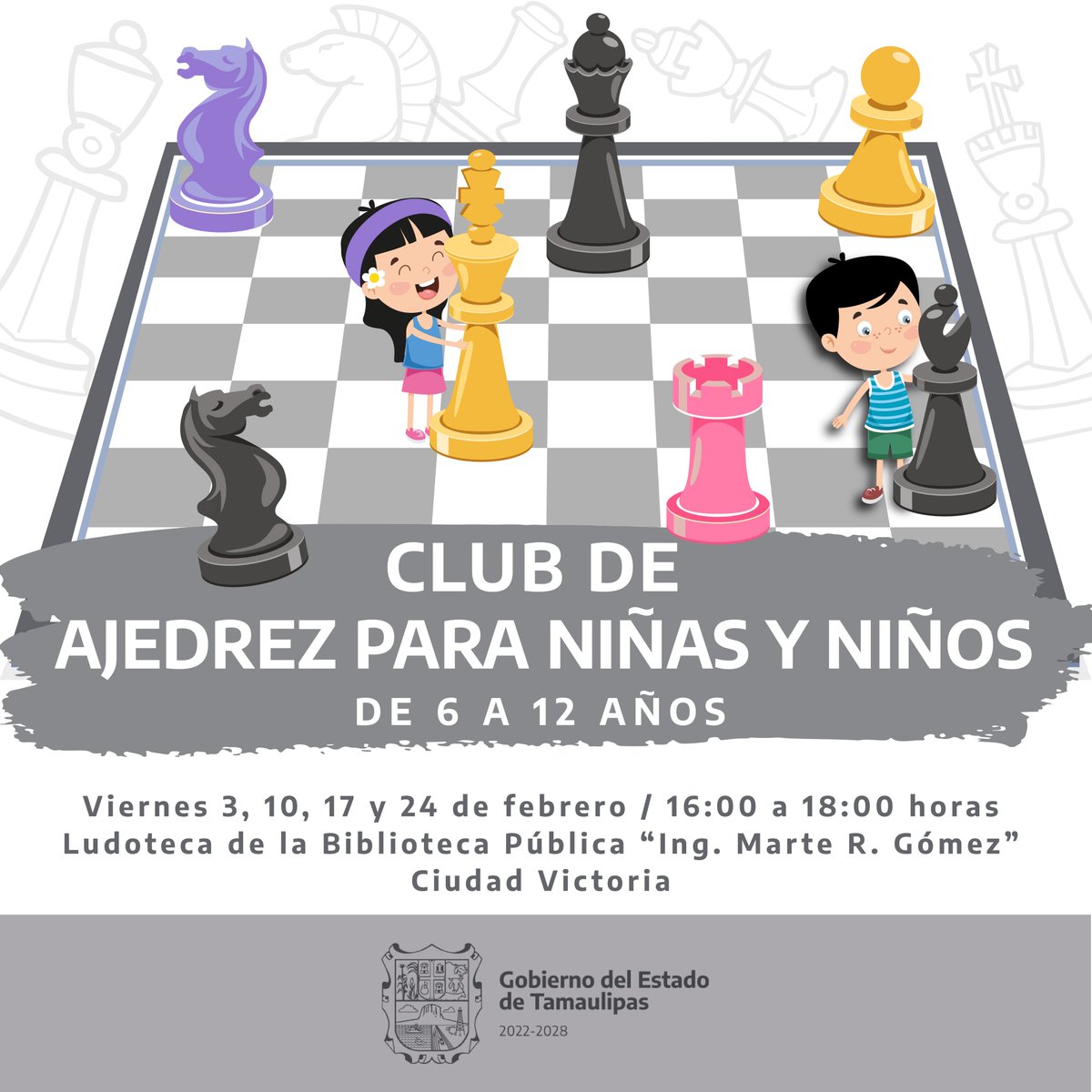¡Pequeños! ¡Regresa el Club de ajedrez! 📣♟️

Si tienen entre 6 y 12 años, pongan a prueba su memoria y habilidades de estrategia con el club que ofrece la Biblioteca Pública Estatal "Ing. Marte R. Gómez" para principiantes e intermedios.

🎟️ No se requiere registro previo