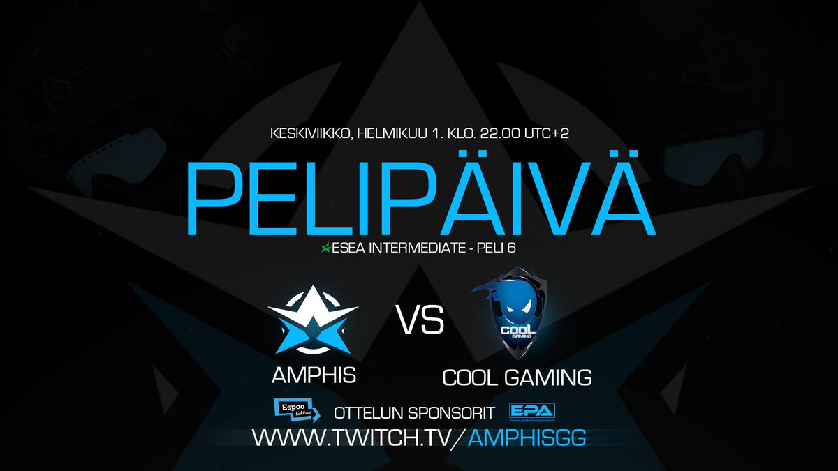 Mainin ESEA pelit jatkuu tänään!

🏆ESEA Intermediate Season 44
🆚<a href="/cooLGamingIDM/">cooL Gaming Romania</a>
🕤22.00 🇫🇮
🎙️<a href="/evobergcs/">Evoberg</a>
📺twitch.tv/amphisgg

#AmphisGG #EspooLiikkuu #Espoo #esports #esportsfi