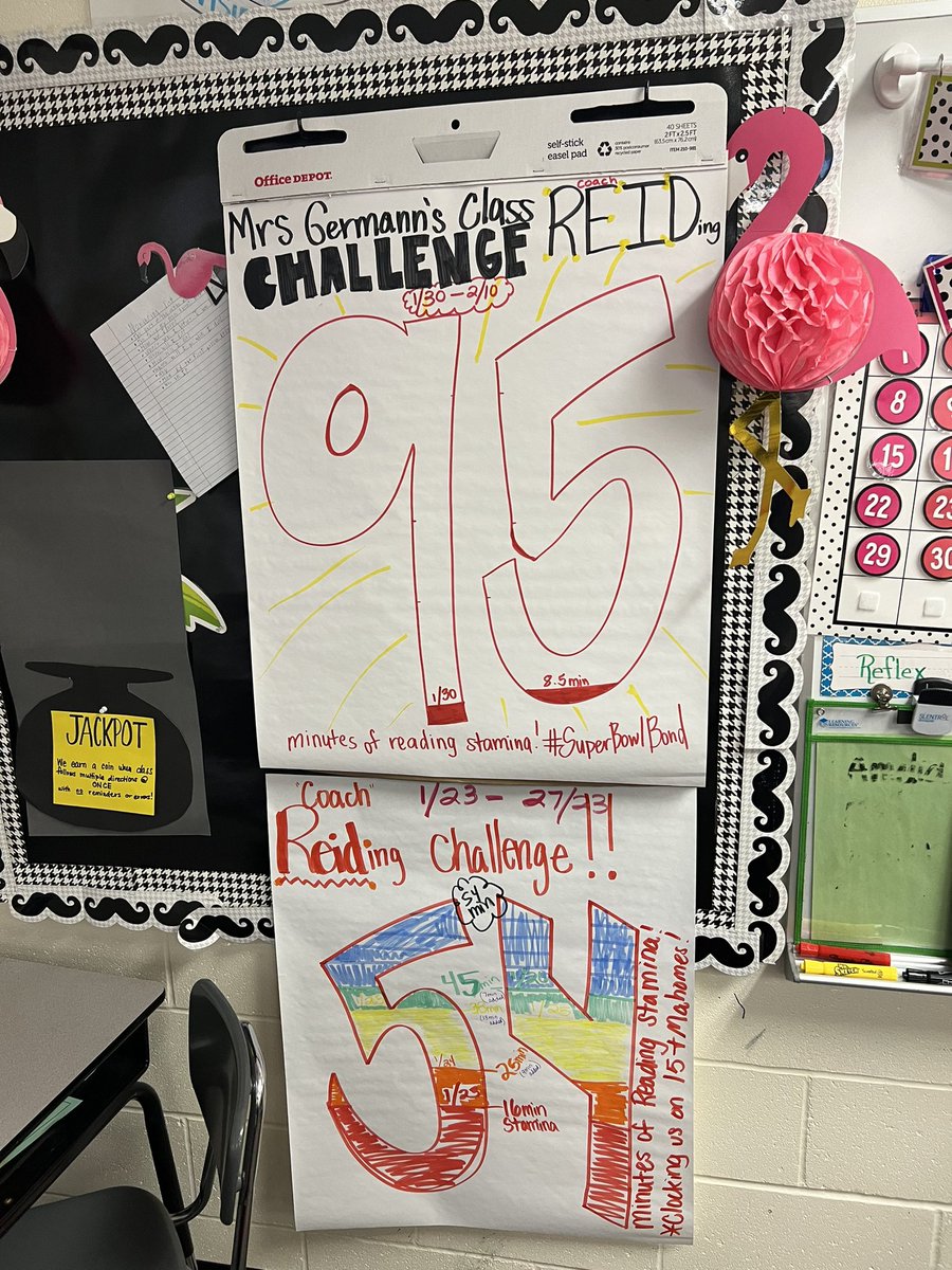 MissDujakovich's tweet photo. On our second “Coach Reiding Challenge.” We have a but longer to wait this time! Students chose @StoneColdJones’s number to aim for our reading stamina goal! 10 school days, 95 min of just reading. Let’s go!!!!! 📕🤓📒🙌🏼🍔#CougarPride #WeAreBSSD @Chiefs @ChiefsPR https://t.co/HkTL86TKq9