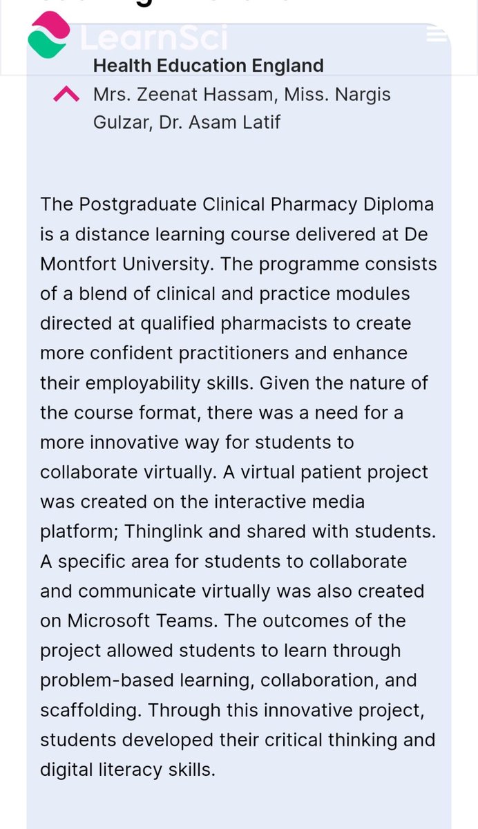 An innovative example of using digital technology to foster #collaborative learning and improve the #CriticalThinking skills of postgraduate #pharmacists
<a href="/zeenat_hassam/">Zeenat Hassam</a> <a href="/AsamLatif/">Dr Asam Latif</a> <a href="/dmuleicester/">dmuleicester</a> <a href="/ThingLink/">ThingLink</a> <a href="/NHSHEE_Midlands/">NHSE Workforce, Training and Education - Midlands</a> learnsci.com/community/tia-…