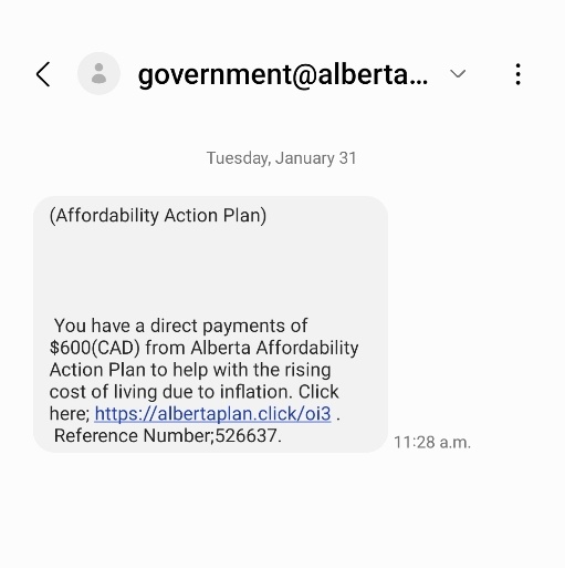 CarlyDRobinson's tweet photo. Remember to tell you loved ones the government will NOT text you about the Alberta Affordability Action Plan. 

Only way to sign up is online using your My Alberta Digital ID or in person at a registry
https://t.co/tYTfYZQxAT https://t.co/6tvRSz8AKv