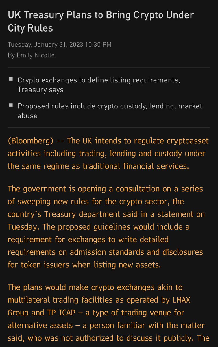 emilyjnicolle's tweet photo. new: the UK Treasury will publish a consultation on regulating crypto tomorrow. plans include:
- exchanges as MTFs
- standards on commingling, bookkeeping, governance 
- market abuse regime covering pump &amp; dumps, insider trading, conflict of interest, STORs

on Terminal now 🖥️ https://t.co/4BdDhkz2uQ