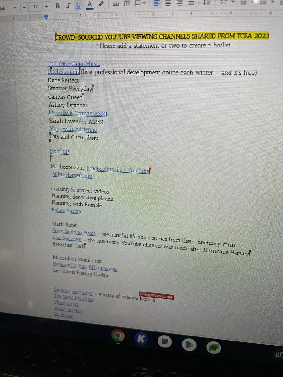 MatosTech's tweet image. A first for me! Crowdsourcing a list of fun YouTube channels at today’s @jmattmiller Learn Like a YouTuber session! I bet there’s some fun stuff on that list! How can we use these as an inspiration for the classroom… 🤔#TCEA23 @FriscoISDTech #FISDlearns