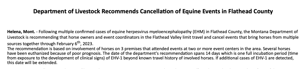 One unfortunate consequence of all the recent horse play in the Flathead Valley — multiple confirmed cases of horse herpes. Several horses have already been euthanized as MT Dept. of Livestock urges horse owners to limit travel and event coordinators to cancel #mtnews