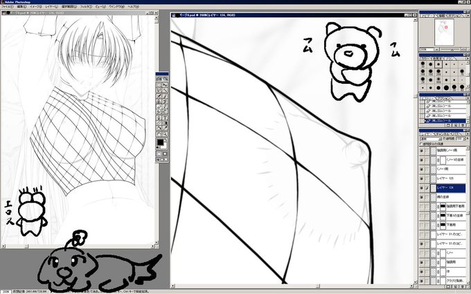 今日の一枚も現在セール中の #ワーズワース の18禁同人漫画「がんばれシャロンちゃんA」の画像。
今回は某ページの超豪華版くノ一仕様の網の服の作業中の画像。
一箇所一箇所消しゴムで線を細くして食い込みを表現してますが、時間かかりすぎて後に新方式に変更。😅

DLsite https://t.co/7ubrVipeZz 