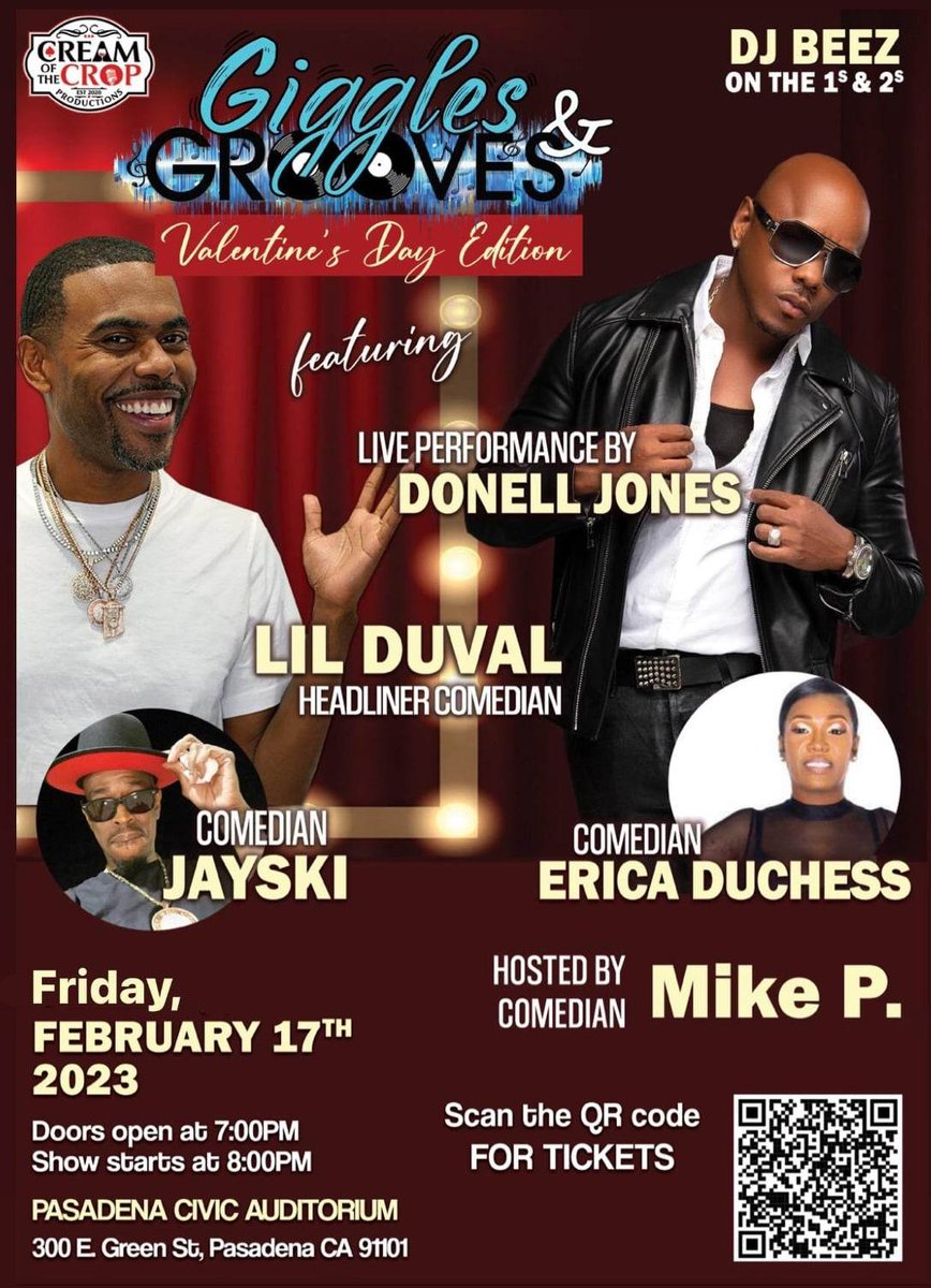 #LilDuval & #DonellJones live Feb 17! Check out our 4 pack ticket specials! ticketmaster.com/giggles-groove…
 #EricaDuchess #Jayski #MikePComedy #DJBeez