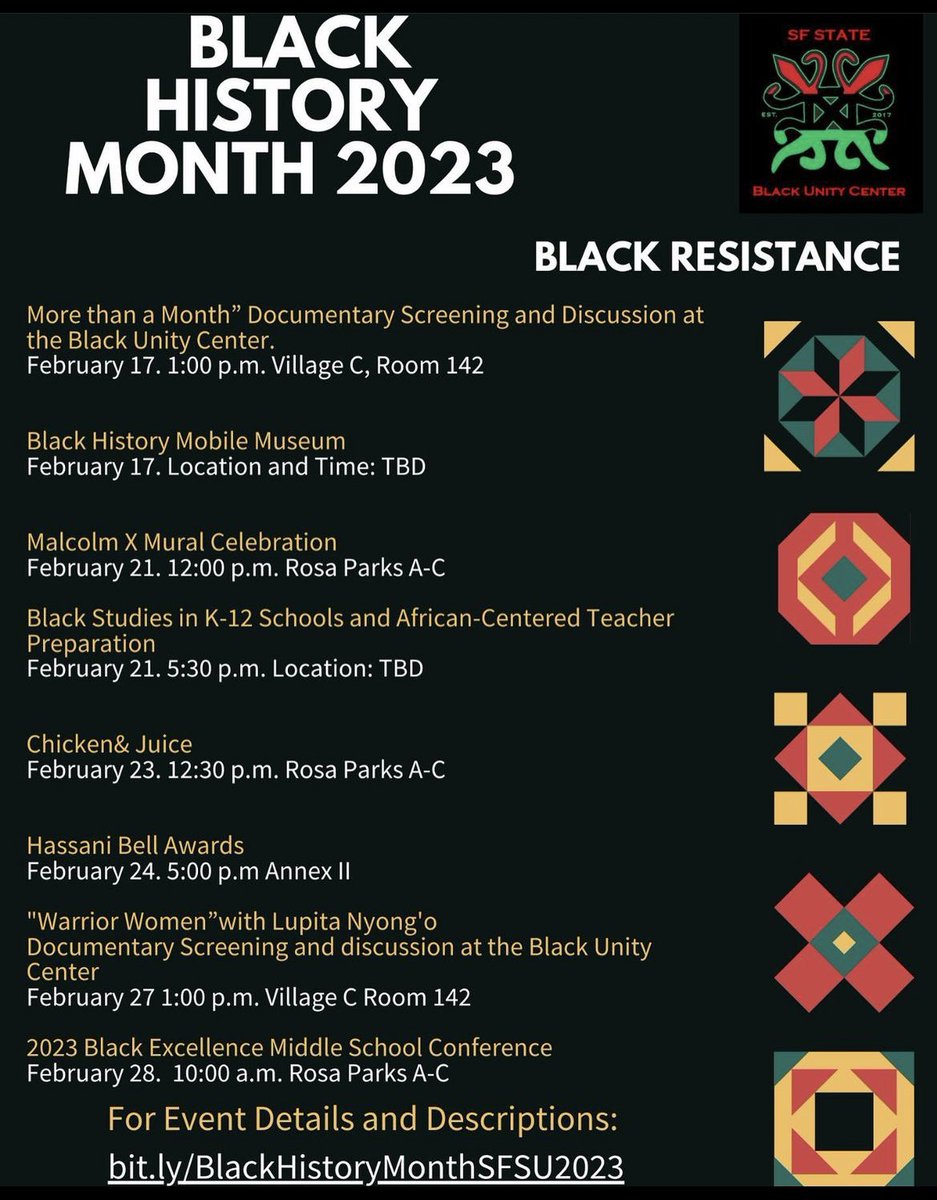 #SFState / #SFSU scholars.

February is Black History Month. The Black Unity Center (<a href="/blackunitysfsu/">Black Unity Center, San Francisco State University</a>) and campus partners have several events planned. Join us! 

Get info at linktr.ee/BlackUnityCent… or bit.ly/BlackHistoryMo….