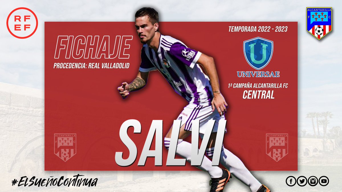 #TerceraRFEF

✅📝 | #FICHAJE 

#SALVI Central procedente del <a href="/realvalladolid/">Real Valladolid C.F.</a>, formado en las bases del <a href="/CanteraGrogueta/">Cantera Grogueta</a> y el <a href="/realmurciacfsad/">Real Murcia CF</a> Llega al Alcantarilla FC-<a href="/_Universae/">UNIVERSAE</a> para sumarse a la zaga rojiblanca hasta final de campaña.

#ElSueñoContinúa ❤🤍