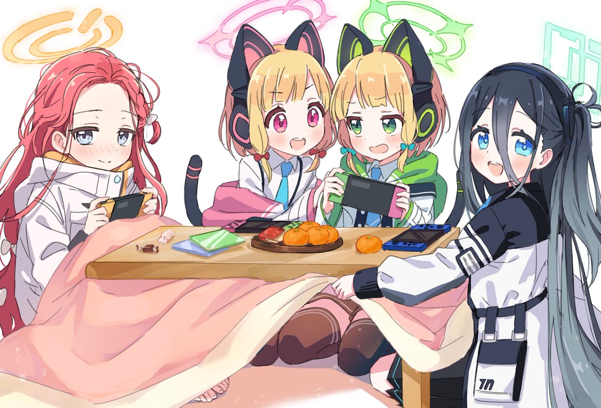 4girls black hair blonde hair blue eyes blush cat ear headphones food  illustration images