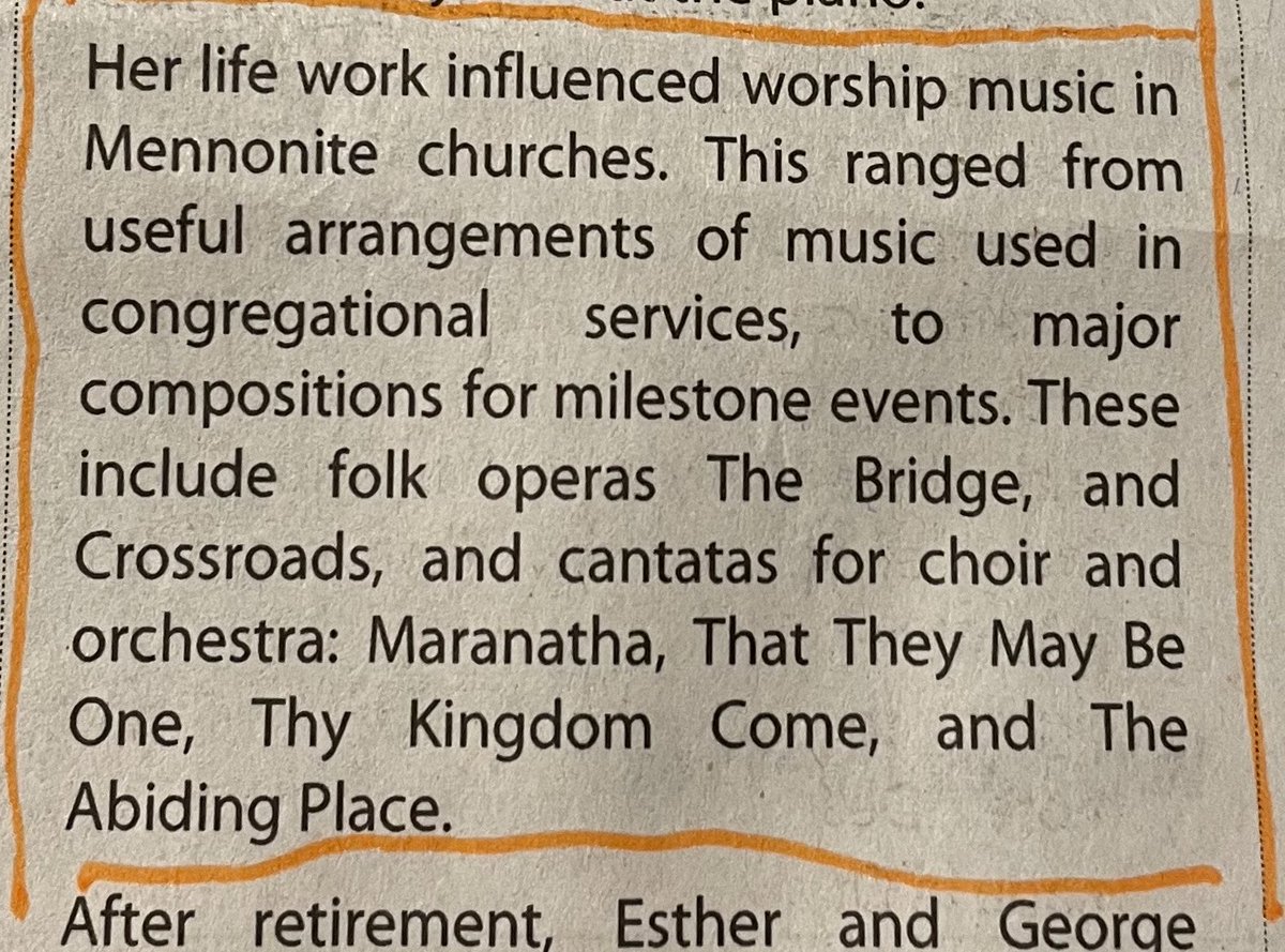 Esther Wiebe made music at school and churches. She and her husband helped develop the music program at Canadian Mennonite Bible College and she composed music there. She also arranged music used in Mennonite churches for milestone events #RIP #wfp passages.winnipegfreepress.com/passage-detail…