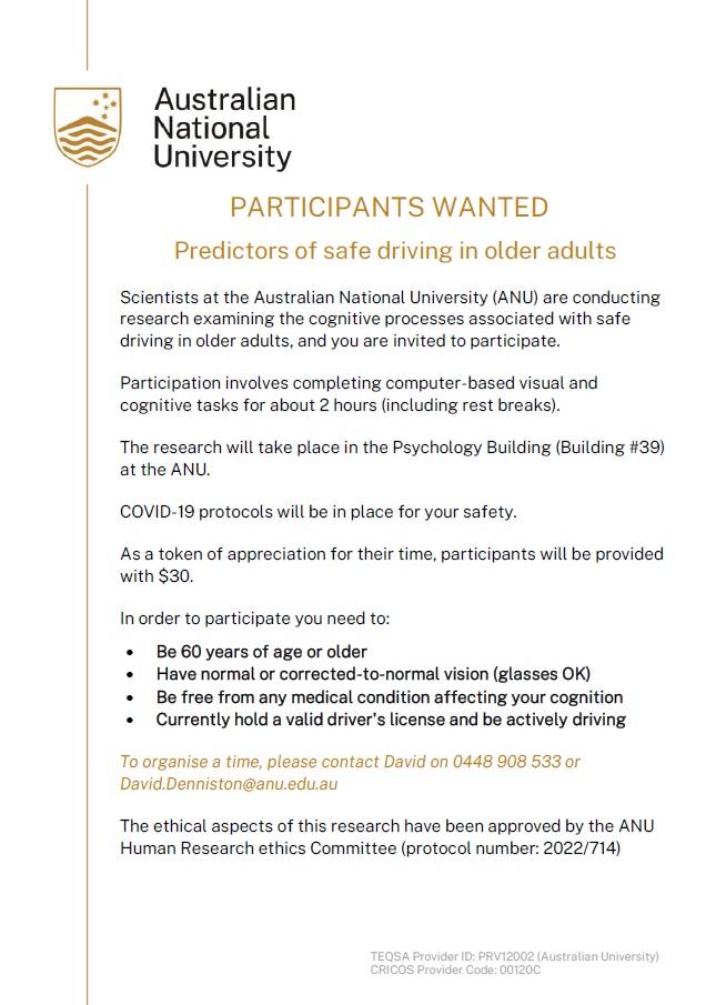 Participants wanted for research study with older adult (60+ years of age) drivers in Canberra