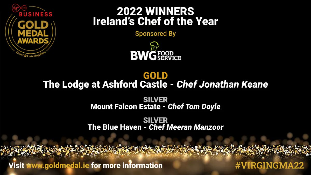 Well done to Chef Jonathan Keane from @TheLodgeAshford for taking Gold for Ireland's Chef of the Year, sponsored by @BWGFoodservice Not to forget our joint silver winners Chef Tom Doyle from @MountFalconEst and Chef Meeran Manzoor from @Bluehavenkinsal #VIRGINGMA22
