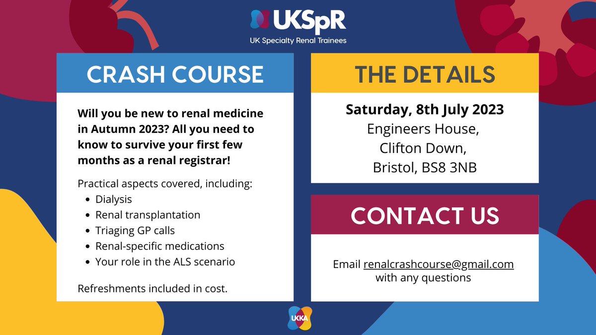 Save the date!  Renal crash course 8th July - for those hoping to soon start life as a renal reg 😊 Please share with any budding nephrologists!