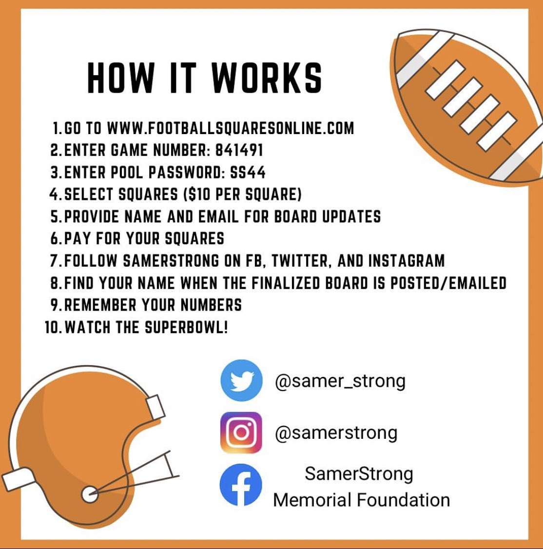 mollyrose68's tweet photo. The Samer Strong memorial foundation is selling Super Bowl squares again!!!
The money raised is for a scholarship for qualifying North high school students. get them while you still can! 🧡🏈 https://t.co/rYLMMy2QrY