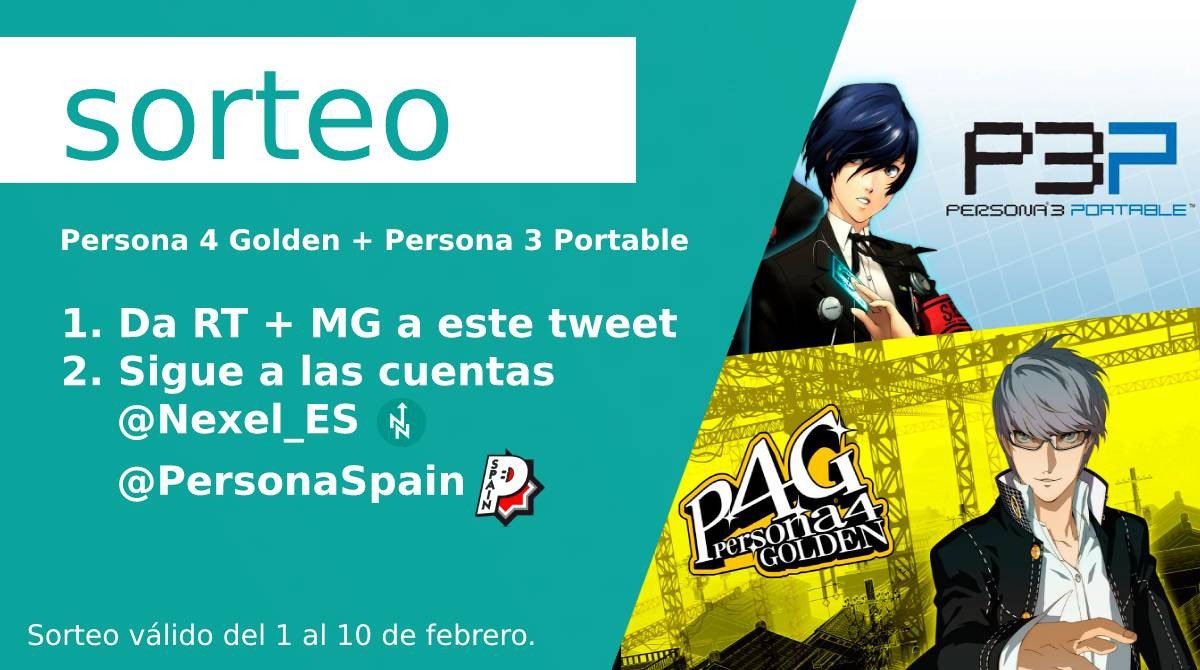 PersonaSpain's tweet photo. 📺SORTEO MUNDIAL🌕
¡Gana un bundle de Persona 4 Golden y Persona 3 Portable para la plataforma de tu elección!

Requisitos:
✅Sigue a @Nexel_ES y @PersonaSpain
🔁RT y MG a este tweet

⬇️Bases del sorteo⬇️
https://t.co/5KXevt1JIP https://t.co/ncIiGN8kwU