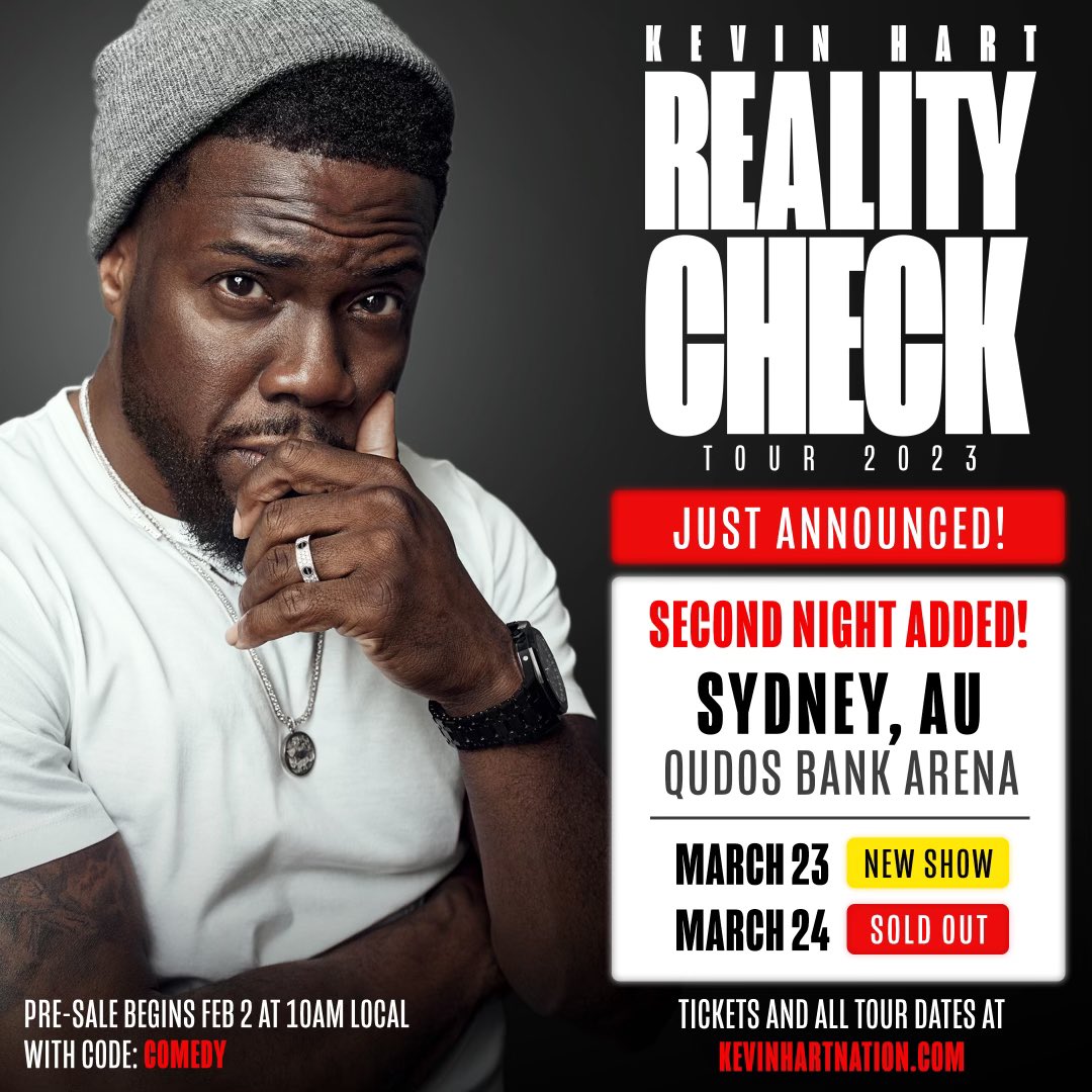 Australia!! Second night added in Sydney on March 23. Pre-sale begins Thursday at 10AM local with code COMEDY. General on sale Friday 10AM local. Tickets and all tour dates at KEVINHARTNATION.COM! #RealityCheckTour
